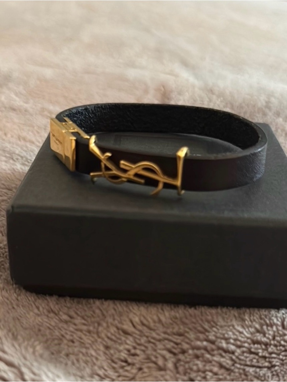 Yves Saint Laurent Black Leather Bracelet with Gold YSL Logo
